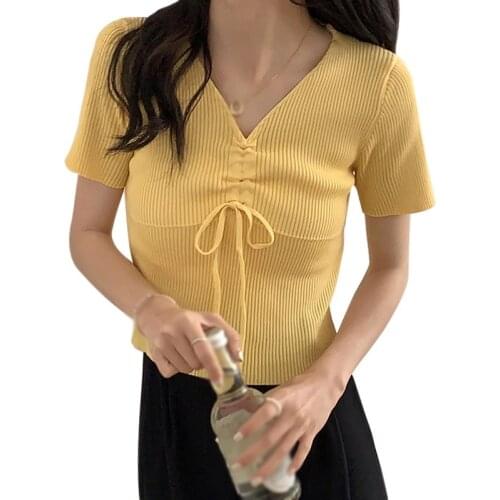 Womens Solid Color V-neck T Shirt Summer Casual Slim Knitted Short Sleeve Tee Top
