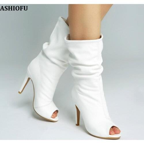 ASHIOFU Handmade New Womens High Heel Boots Elegant Wedding Party Prom Autumn Boots Sexy Fashion Evening Short Boots Shoes