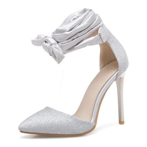 Big Size 11 12 13 14 15 16 17 ladies high heels women shoes woman pumps Fine-heeled pointed bow strap-on single shoe