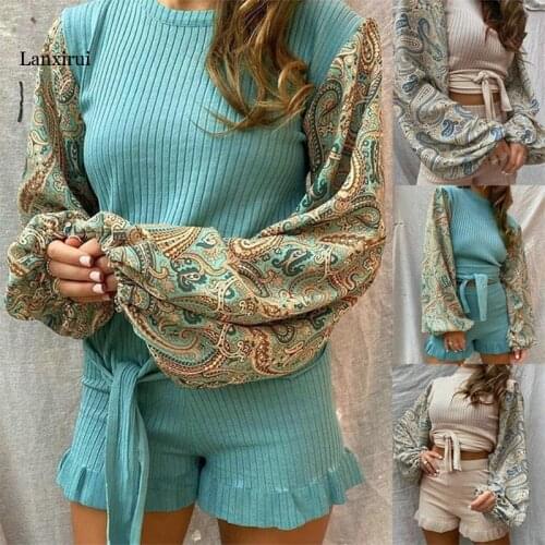 Women Autumn Ribbed 2 Pieces Outfits Paisley Print Lantern Long Sleeve Tie Front Pullover Crop Top Ruffles Shorts Pajamas Lounge