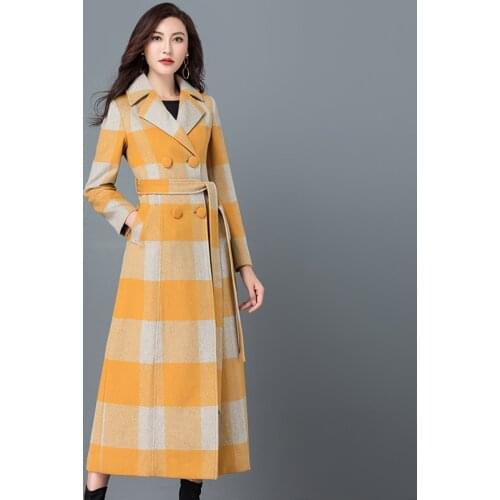 2020 Plaid Wool Coat Womens Long Coat Jacket Wool England Style Ladies Outwear Double Breasted S/XXXL