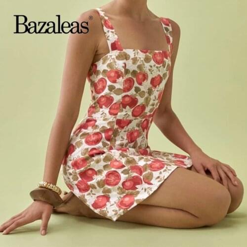 Bazaleas Vestidos Women Mini Dress Red Floral Print Dress Retro Sleeveless Dresses