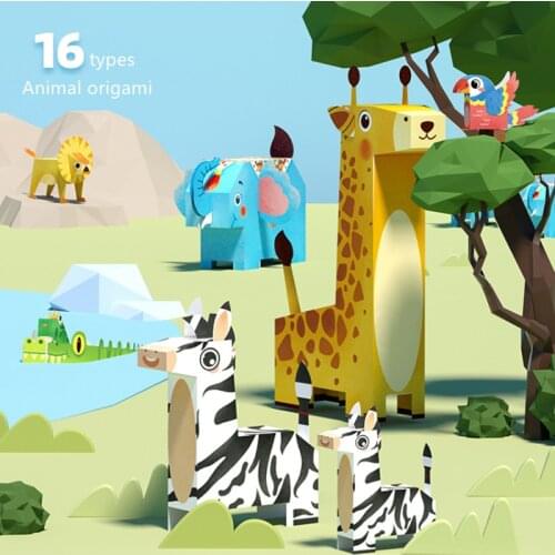 3D Puzzle Paper Model Two Style Cartoon Animal Car Building DIY Handmade Origami Kit Children Educational Toys Gift 16pcs/Set