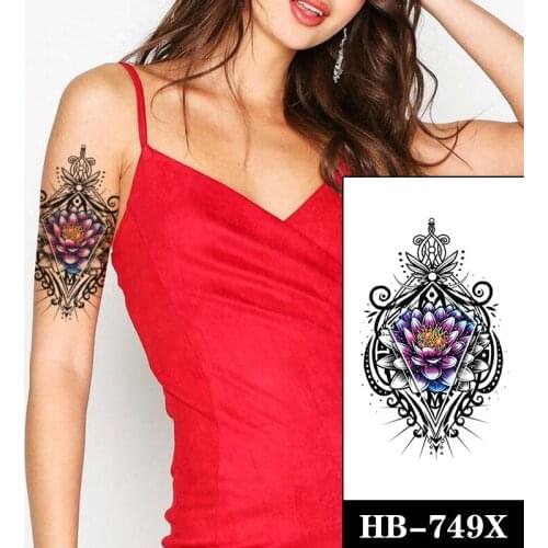 Watercolor Lotus Stamen Temporary Tattoo Stickers Black Wings Totem Fake Tattoos Waterproof Tatoos Arm Large Size for Women Girl