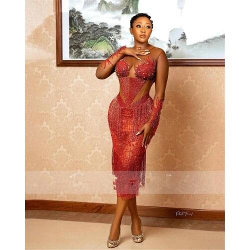 Shiny Beaded Mermaid Prom Dresses Elegant Long Sleeve Tassel Gowns Trumpet Tea Length Cocktail Party Gown