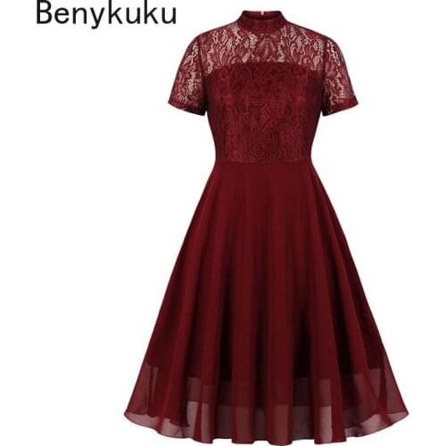 Burgundy Lace Chiffon A Line Party Dress Elegant Robe Vintage Ladies Swing Dresses Women Short Sleeve Summer Clothes Vestidos