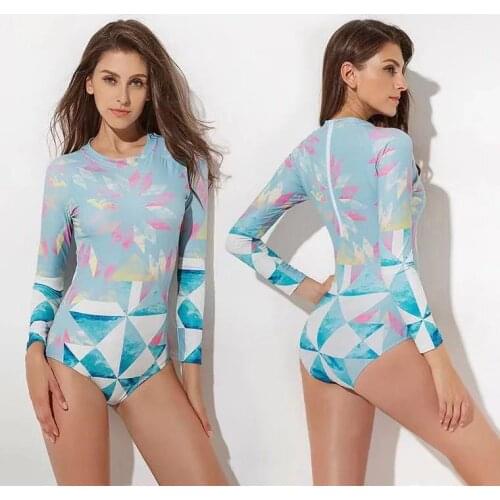 One Piece Rash Guard 2019 Print Swimwear Long Sleeves Rashguards Zipper Bodysuits Floral Surf Clothes High Neck Wetsuits XL Swim