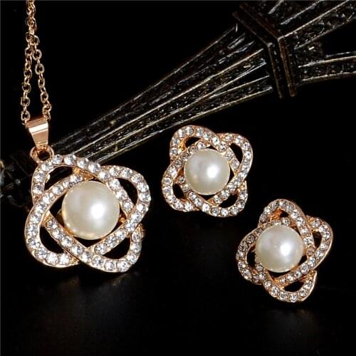 Classic Simulated Pearl Jewelry Sets Wedding Gold Color Knot Pendant Necklace Stud Earrings Wedding Jewelry for Women Gift
