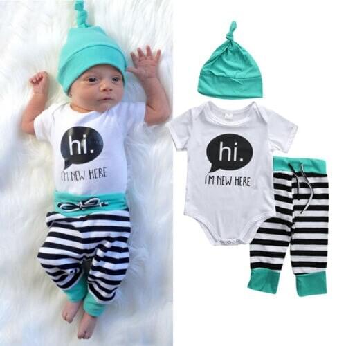 Autumn baby Boy girl clothes set Cotton Romper + striped pants+Hats 3pcs newborn baby clothing set
