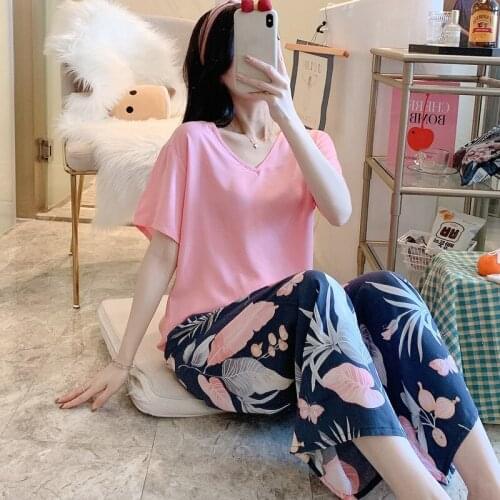 Summer Pajamas Set Women Comfortable Cotton Viscose Contrasting Color Pajamas Short Sleeve Tops with Long Trousers Ladies Pj Set