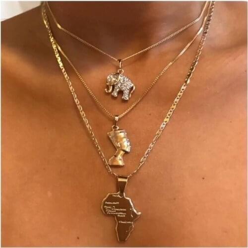 Multi-layer Africa Necklace Set with Nefertiti, Map & Elephant W/rhinstone Travel World Map Ancient Egypt Jewelry African LJ-38D