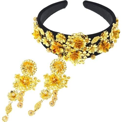 Fashion Golden Sunflower Leaf Crown Baroque Retro Hair Band Pearl Hair Jewelry Wedding Tiara Accessories Gift For Women Part