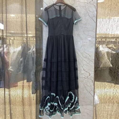 Fashion Black Beach Runway 2021 Summer Short Sleeve Mesh Lace Patchwork Yellow Belt Party Holiday Long Dress