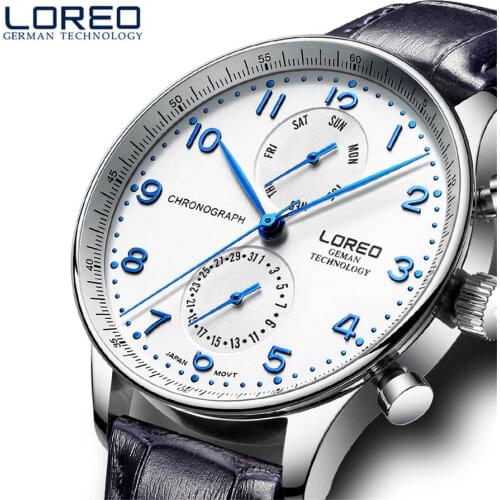 LOREO Mens Multifunction Dial Leather Band Business Quartz Wrist Watches With Week Date 50M Waterproof Watch Montre Homme 6110