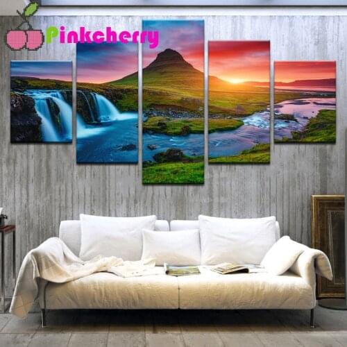 5 panel diamond painting Tgrassland sunset waterfall landscape group Full Drill embroidery cross stitch mosaic picture,k440
