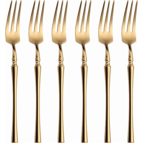 6Pcs Tea Forks Tableware Set Stainless Steel Small Fruit Fork Dinnerware Cutlery Set Mirror Gold Cake Snack Salad Forks Flatware