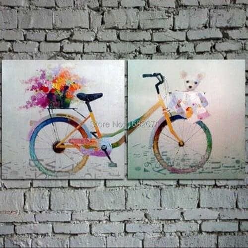 Handmade Unique Living Room Wall Decoration Hand Painted Two Pieces Oil Painting Abstract Modern Bike Oil Painting On Canvas