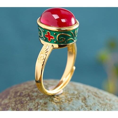 New s925 pure silver Thai Silver Jewelry Oval Red Corundum Enamel Firing Drop Earrings Ethnic Retro Gemstone Women ring