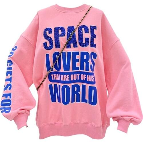 New Arrivals Spring Autumn Casual Women Hoody Letter Space Lovers Sweatshirt Sequins Harajuku Long Sleeves Pullover Female 2021
