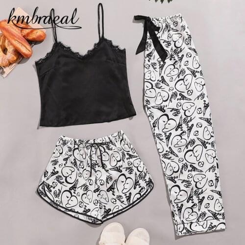 Pajamas for Women Emulation Silk Summer Condole Belt + Long Pants 3 Piece graffiti Sleepwear Homewear Can Wear Outside Plus Size