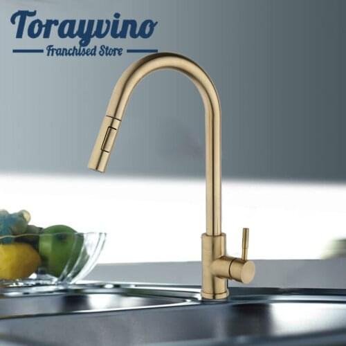 Torayvino Water Taps Single Handle Tap Kitchen Mixer Luxury Llave Sink Pull Out Holder Hole Hot & Cold Gold Deck Mounted Faucets