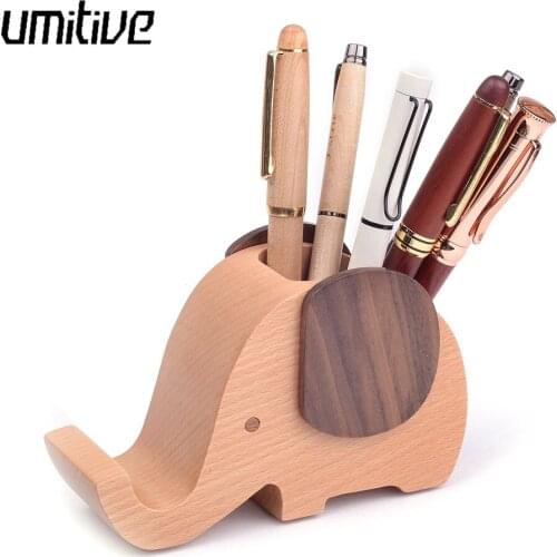 Umitive Elephant Shape Wooden Pen Cup Pen Holder Desk Organizer with Cell Phone Stand office desk accessories