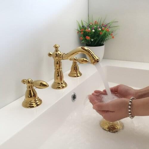 Bathroom Basin Faucets Gold Brass Sink Mixer Tap Widespread Hot & Cold Dual Handle Three-hole Deck Mounted Lavatory Crane Tap