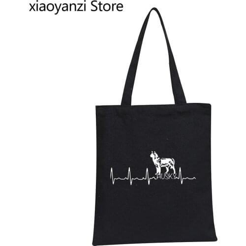 Heartbeat Husky Funny Student Books Bags For Dog Lover Funny Eco Reusable Shopping Bag Pure Canvas Tote Bags Shoulder Bags
