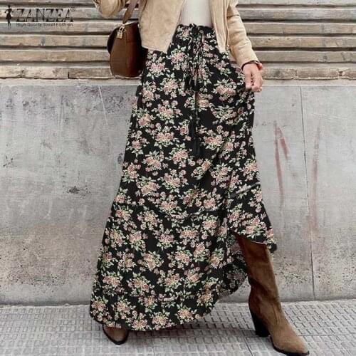 Bohemian Floral Printed Maxi Long Skirt ZANZEA Women Summer Skirt Spring Elastic Waist Holiday Party Faldas Saia Vestidos Jupe