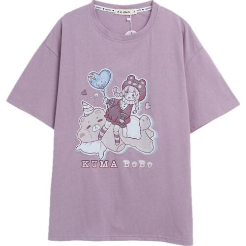 ZuoLunOuBa Summer 2021 Sweet Japanese Manga Style Women T Shirt Print Love Heart Balloon Little Girl Toy Bear Tees Tops Female
