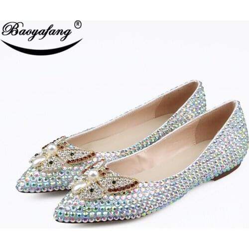 BaoYaFang AB Crystal womens wedding shoes Flat big size female shoes insole woman shoes Bridal party DRESS shoes