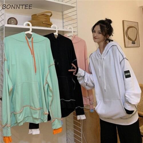 Sweatshirts Women Ulzzang Spring Autumn Solid Simple Leisure Trendy Pullovers Long-sleeved Female Pockets Draw String Hoodies