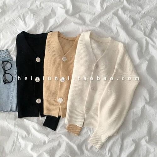 Women Cropped Sweater Spring Auutmn Korean V Neck Loose Button Cardigan Woman Casual Puff Long Sleeve Kawaii Cardigan Outwear