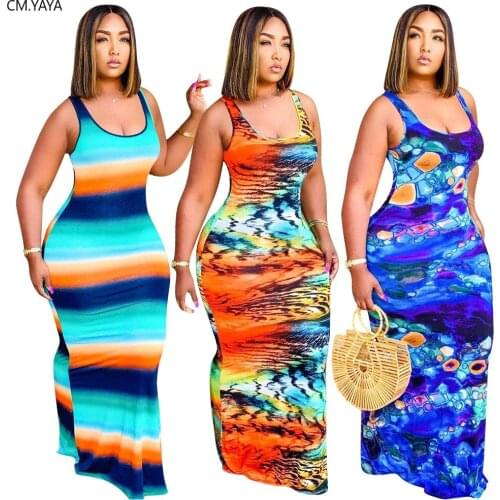 CM.YAYA Women New Striped Tie Dye Print Sleeveless Bodycon Midi Maxi Tank Tee Dress Fashion Classic Beach Holiday Long Dresses