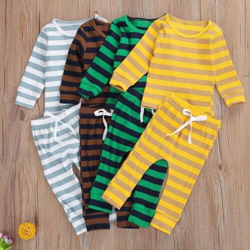 Toddler Baby Pajamas Set, Long Sleeve Rib Knit Stripes Top + Pants 2Pcs Loungewear Set