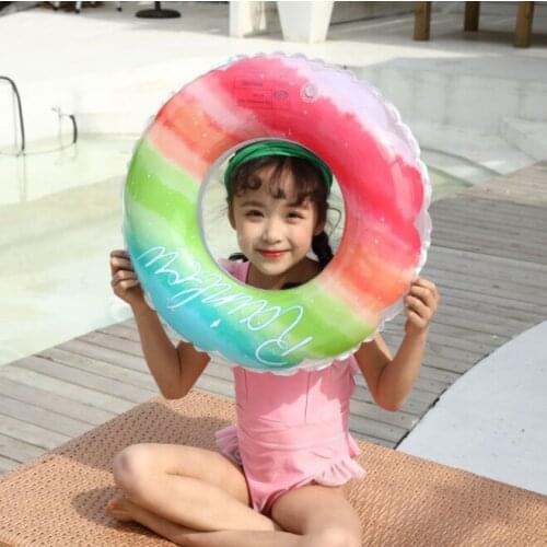 Kids Swim Ring, Rainbow Stripe Swimming Ring Life Ring Inflatable Pool Floats for Swimming Bathing Water Park