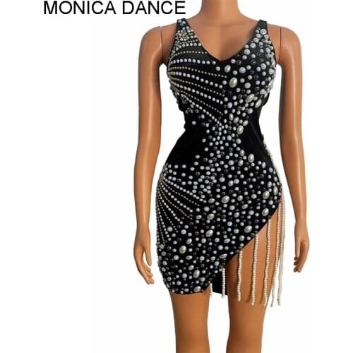Women Sexy Nightclub Pearls Fringe Irregular Dress Birthday Celebrate Prom Backless Outfit Women Dancer Evening Singer Dress