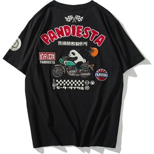Embroidery Cartoon Panda T Shirt For Men Motorcycle Biker T-shirts Casual Cotton Japanese Summer Hip Hop Tops Tees Shirt
