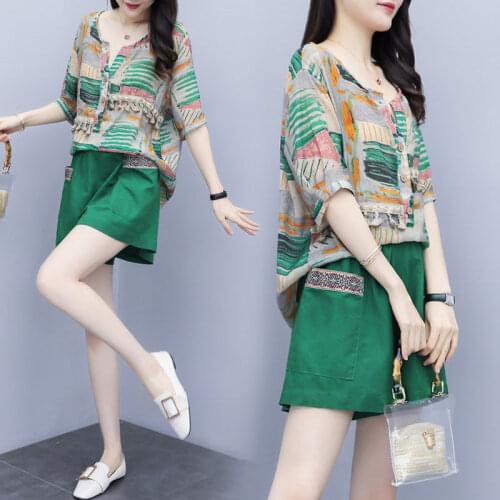 Summer Cotton Linen Clothes Set Women Half Sleeve V-Neck Vintage Print Top Pocket Wide Leg Short Pants Female Casual 2 Two Piece