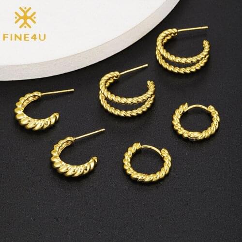 FINE4U E292 Lightweight Chunky Open Hoop Earring Gold Color Twisted C-Open Hoops for Women