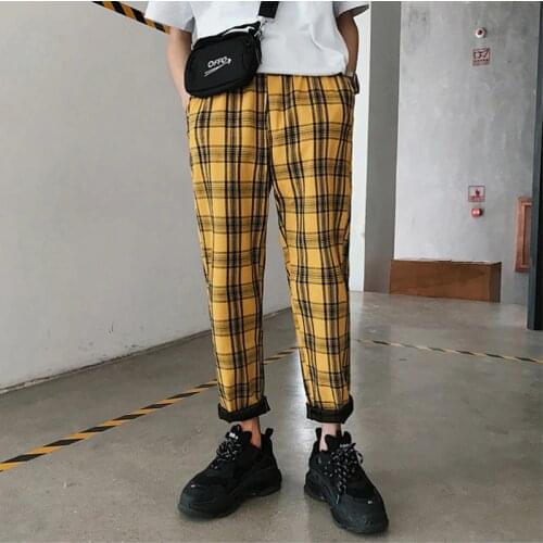 2020 Men Korean Style Plaid Loose Casual Pants Mens Streetwear Pants Male Checkered Trousers Plus Size