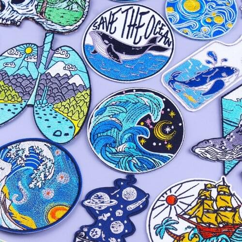 Mountain Patches On Clothes Waves Patch Clothing Thermoadhesive Patches Iron On Patch Van Gogh Embroideried Patches For Clothing