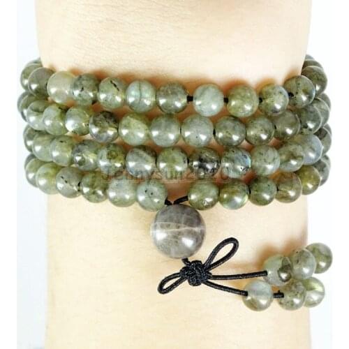 Natural Labradorite 6mm Gems Stone Buddhist 108 Beads Prayer Mala Multi-Purpose Stretchy Bracelet 5Strands/Pack