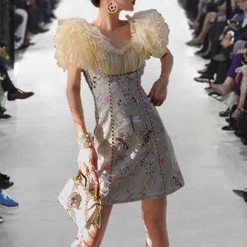 New spring/summer 2021woman Mini dress French retro mesh spliced three-dimensional jacquard A-line dress