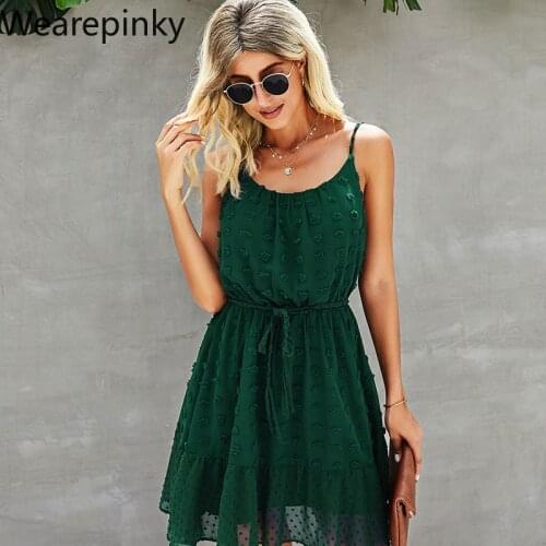 Bellflower Solid Color Dress For Women 2021 Loose Casual A-LINE Sashes Spaghetti Strap Chiffon Simplicity Pullover Mini Skirt