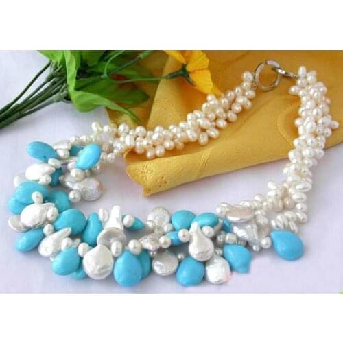 New Arrival Real Unique Pearl Jewelry 3 Row 14mm Baroque Pearl Natural Drip Turquoise Necklace Handmade Fine Women Jewellery