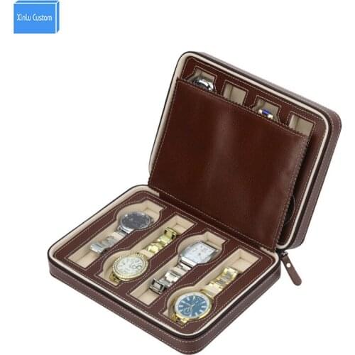 Luxury Brown Zippered leather 8 Watch box Sport Storage Portable Travel Watch Packing Box Storage Box Hours Zipper Collect