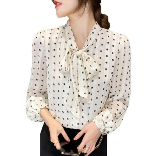 Women fashion full-sleeve V-neck shirts polka dot loose Bow ribbon tied career elegant Spring Autumn Lady Chiffon shirts tops