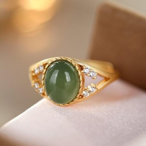 Gray Jade Hollow Pattern Ring S925 Sterling Silver Oval Hetian Jade Stone Open Ring Palace Style Han Chinese Clothing Accessorie