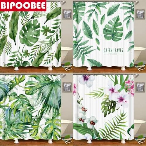 Green Tropical Plants Fabric Shower Curtains Bathroom Polyester Waterproof Bath Curtain Leaves Printing Curtains Home Decor